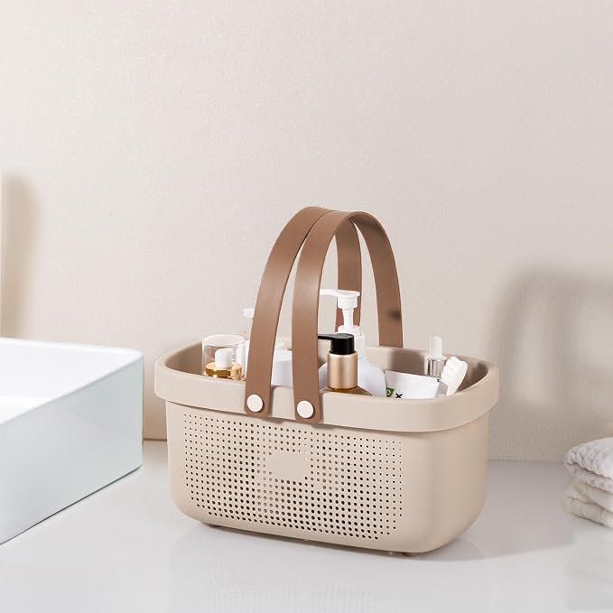 JiatuA Plastic Storage Basket with Handle Portable Shower Caddy Tote Organizer Basket Bin for Bathroom Kitchen Dorm Room Bedroom, Beige - Image 2