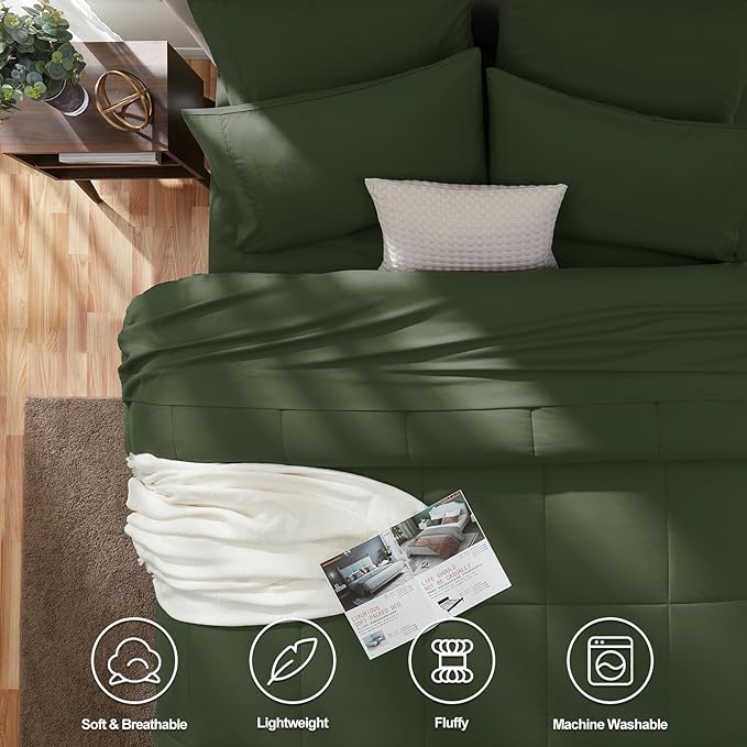 CozyLux Full Size Comforter Sets Olive Green, 7 Pieces Bed in a Bag, Green Comforter Full Size, All Season Bedding Sets with Stitch Quilted Comforter, Flat Sheet, Fitted Sheet, Pillowcases