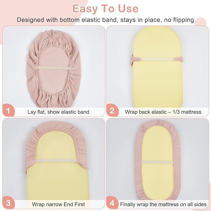 Basumee Muslin Bassinet Sheets for Baby Girl Boy 2 Pack Soft Breathable Baby Bedside Bassinet Fitted Sheets with Bottom Elastic Band Mattress Cover for Rectangle Oval Hourglass Bassinets