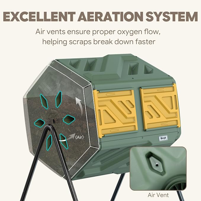 Werph Updated 43 Gallon Dual-Chamber Compost Bin, Fast Assembly Outdoor Compost Tumbler, Rotating Batch Composter Bin with Gloves for Garden, Kitchen, and Yard - Image 7