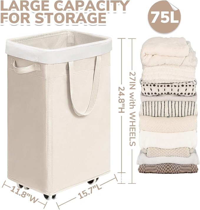 CHICVITA Collapsible Laundry Basket on Wheels 75L, Slim Laundry Hamper with Removable Wash Bag for Bedroom, Clothes Hampers for Laundry, Ivory - Image 4