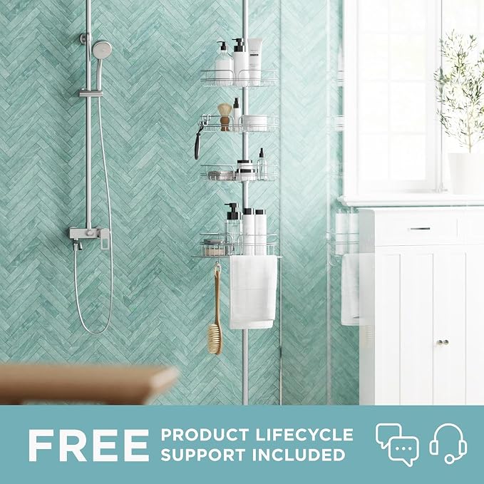 Zenna Home Tension Pole Shower Caddy Corner Organizer, Adjustable Standing Shower Caddy with 4 Baskets and Built in Towel Bar, Rust Resistant Bathroom Tension Rod Organizer, 60 to 97 Inch, Chrome - Image 2