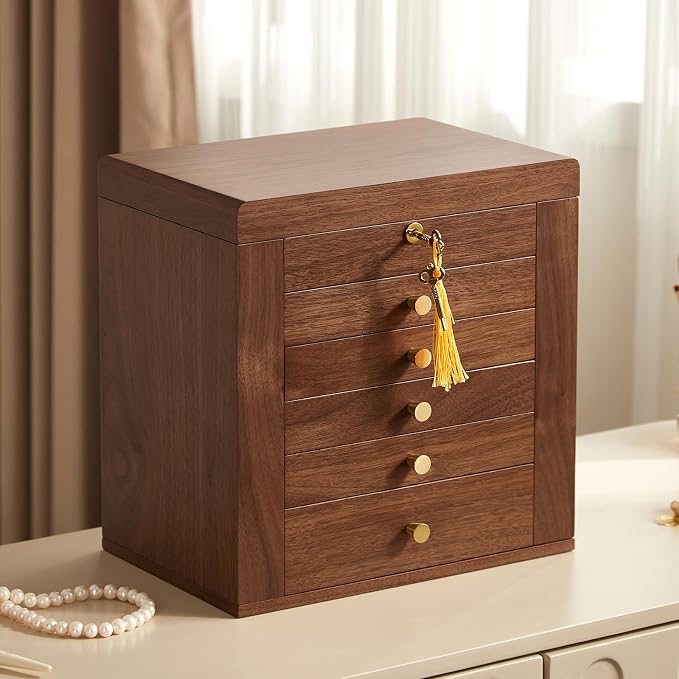 CHOSIN Black Walnut Wooden Jewelry Box, 6-Layer Lockable Wood Jewelry Organizer with Mirror, Side Doors & Brass Handle, Classical Design for Rings, Necklaces, Earrings, Mothers Day Gifts for Mom - Image 2