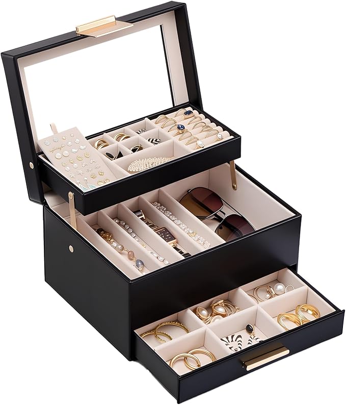 Lolalet Jewelry Box, Clear Window Jewelry Organizer with Drawer for Earrings Bracelets Necklaces Rings, Jewelry Storage for Women -Black, 3 Layers by Lolalet
