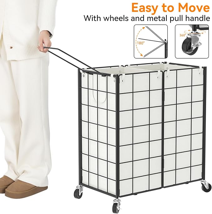 WOWLIVE Double Laundry Hamper with Wheels,Metal Wire Frame Rolling Laundry Basket with 2 Removable bags,120L Dirty Clothes Hamper Organizer Dorm Room Storage for Bedroom,Bathroom,Black and White - Image 5