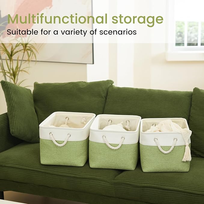 Large Storage Baskets- 15x11x10 inch Storage Bins for Shelves and Closet Organizing, Foldable Fabric Bin for Home Organization Clothes and Laundry (3-Pack, White&Green) - Image 6