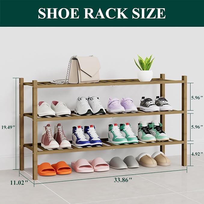 Smiry Shoe Rack, 3 Tier Thick Long Bamboo Shoe Organizer, Stackable Free Standing Wooden Shoe Storage Shelf for Closet, Entryway, Front Door Entrance, Walnut - Image 2