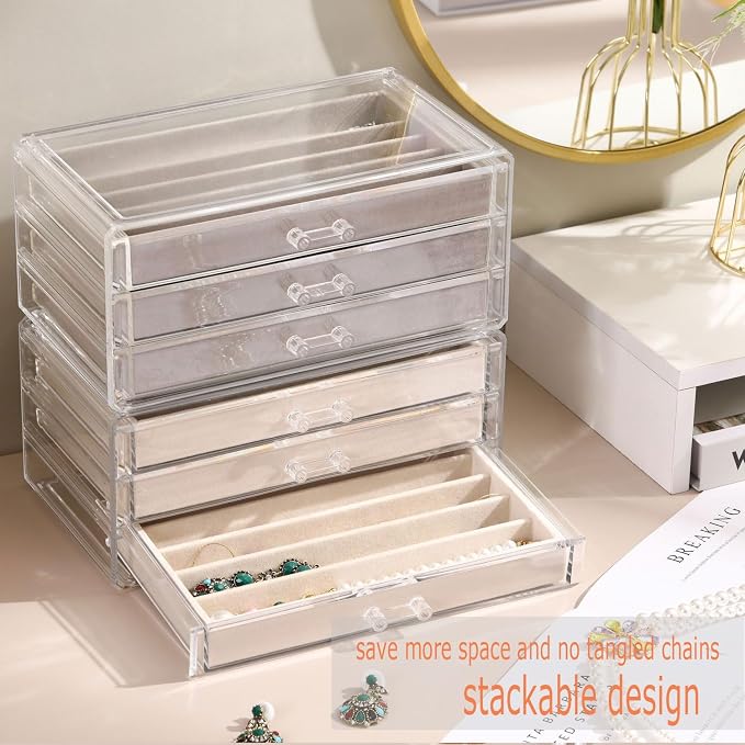 CLUQMEIK Necklace Organizer Box with Clear Lid, Dustproof Velvet Jewelry Holder Storage Display Case, Stackable Acrylic Necklace Tray Drawer Insert for Women and Girls (Beige,3 Drawers) - Image 5