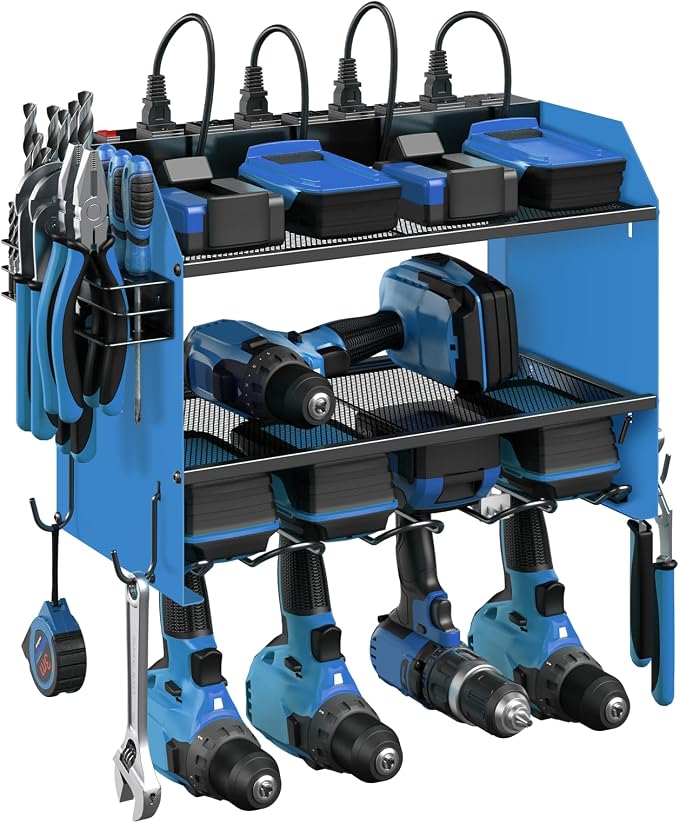 CCCEI Modular Power Tool Organizer Wall Mount with Charging Station. Garage Drill Storage Shelf with Hooks, Heavy Duty Rack, Tool Battery Holder Built in 8 Outlet. Gift for Men. Blue, 1 Pack. by CCCEI