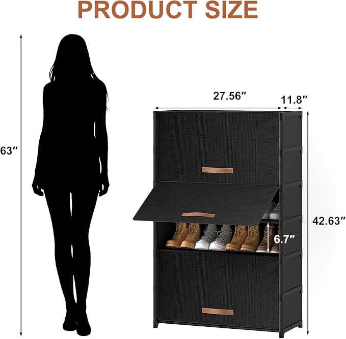 Shoe Rack, 7 Tier Shoe Storage Cabinet with Door 28 Pair Plastic Shoe Shelves Organizer for Closet, Entryway, Hallway, Bedroom, Black - Image 3