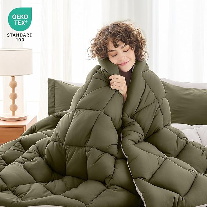 MUXHOMO 5 Pieces Twin XL Comforter Set, Reversible Bed in a Bag Twin XL Size, All Season Bedding Set with Comforter, Flat Sheet, Fitted Sheet, Pillowcases & Shams, Olive Green & Beige