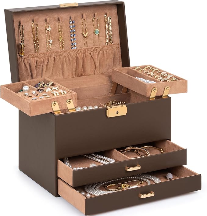 AKOZLIN Travel Jewelry Box Organizer Functional 2-trays Leather Jewelry Storage Case with Lockable Portable 2 Drawers for Women Girls Ring Necklace Earring Bracelet by AKOZLIN