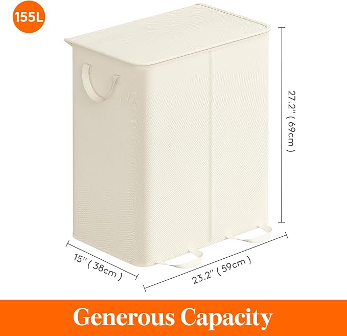 Lifewit Double Laundry Hamper with Lid and Removable Laundry Bags, Large Collapsible 2 Dividers Dirty Clothes Basket with Handles for Bedroom Laundry Room Closet Bathroom College, 155L Ivory White - Image 5