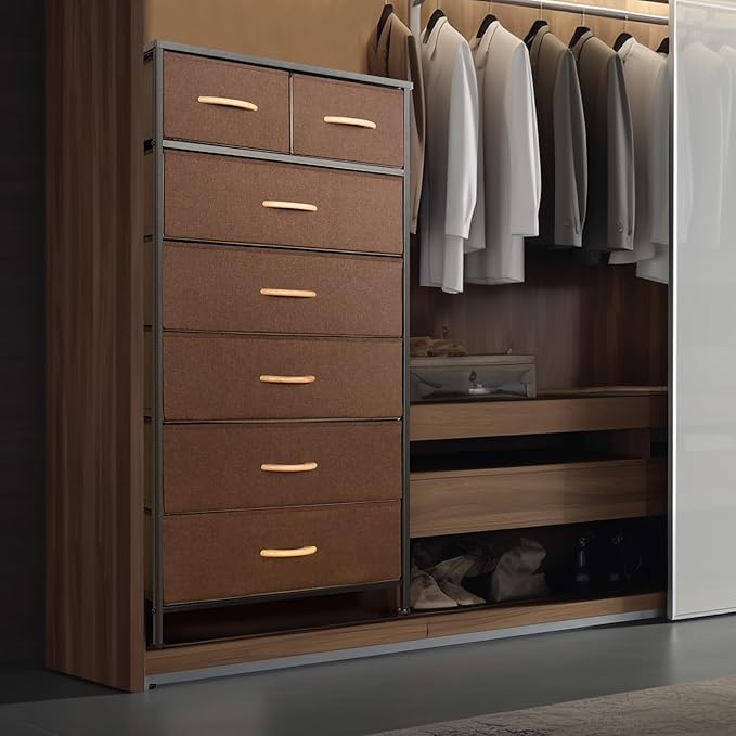 Mifuro Tall Dresser for Bedroom, Vertical Storage Organizer Tower with 7 Drawers, Chest of Drawers with Fabric Bins, Steel Frame, Wood Top for Bedroom, Closet, Entryway- Brown - Image 4