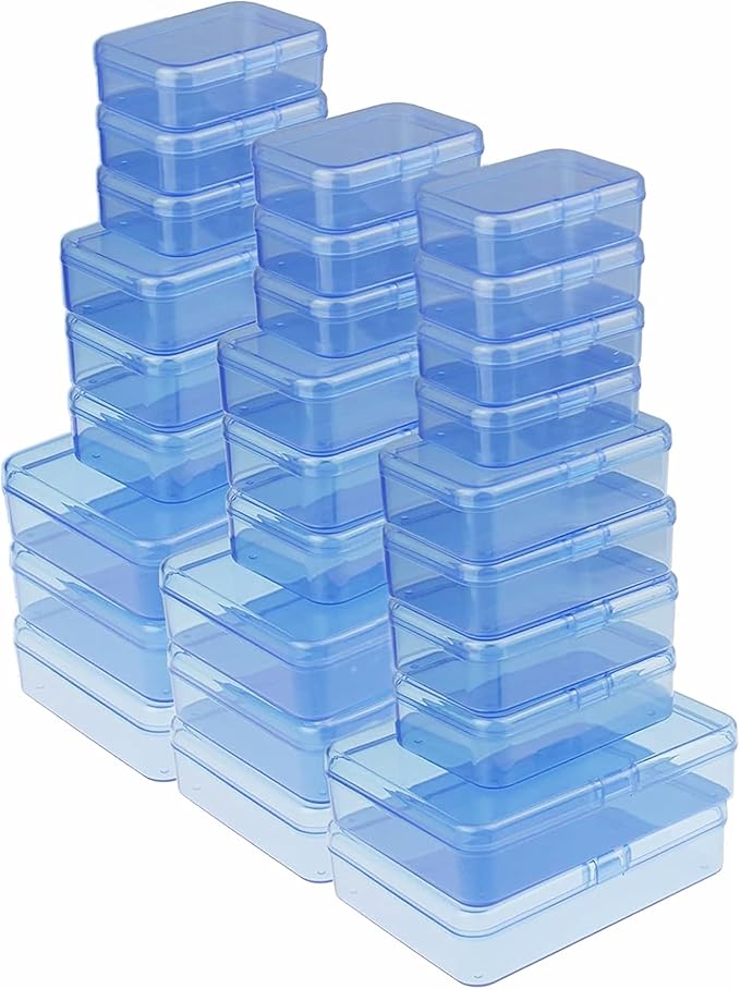LJY 28-Piece Plastic Storage Containers with Lids (3 Assorted Sizes), Rectangular Organizer Box Set Blue Tinted Storage Boxes for Screws, Nuts & Garage Items, Color-Coded Organization, Blue
