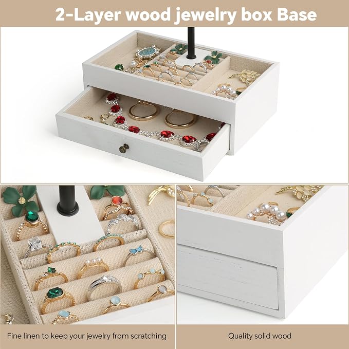 Meangood Jewelry Organizer Stand, 3-Tier Necklace Holder Jewelry Tree with Wooden Storage Drawer Box for Necklace Bracelet Earring Ring,White - Image 5