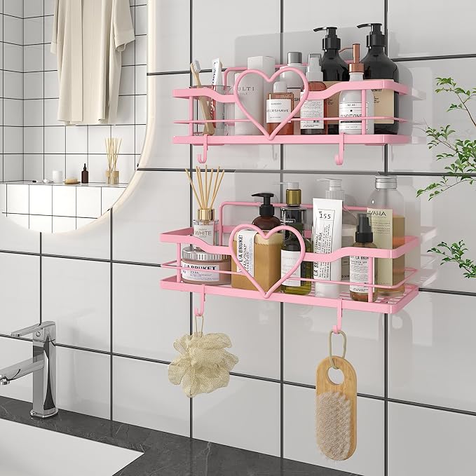 Pink Shower Caddy with 4 Removable Hooks, 2 Pack Sweet Heart Shower Shelves,No Drilling Adhesive Organizer Shelf for Bathroom Shower,Kitchen,Bedroom - Image 7