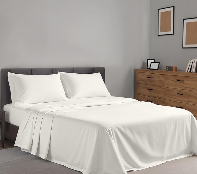 RUVANTI 100% Cotton Sheets – Full Size Percale Bedding, Cooling & Breathable, Durable with a Crisp, Soft & Comfortable Feel, 16" Deep Pocket, 4-Piece Set, Ivory