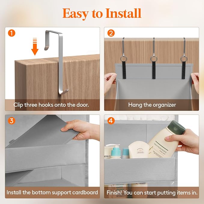 Lifewit 1 Pack Over the Door Organizer, Clear Window Hanging Storage with 4 Side Pockets, Anti Tilt 40 lbs Load Behind Door for Pantry, Nursery, Bathroom, Bedroom, Dorm, 5 Section, Light Gray - Image 8