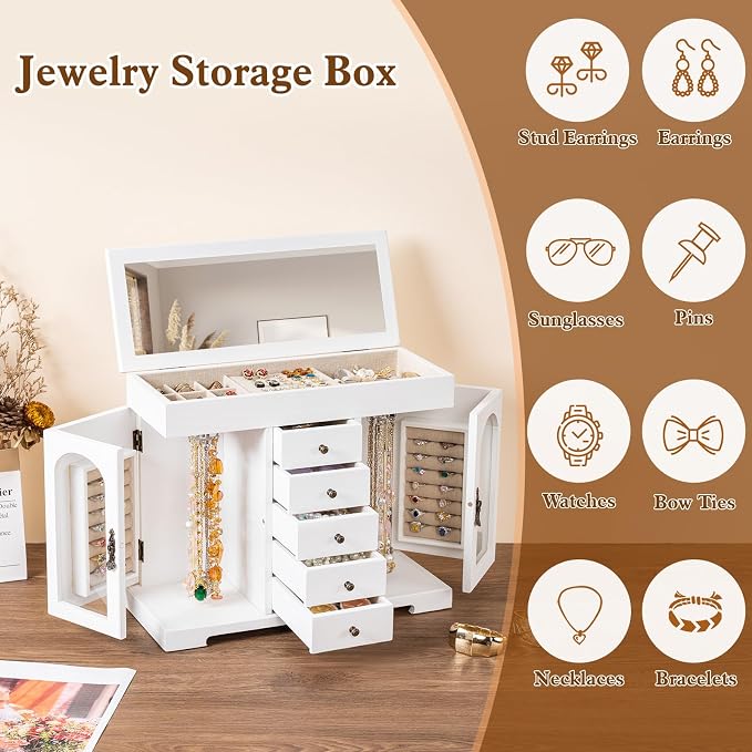 Miratino Jewelry Box for Women Girls, Wooden Jewelry Organizer Box with Mirror, 5 Layer Jewelry Storage Case Display for Necklaces Earrings Rings Bracelets Valentine's Day Gifts - Image 3