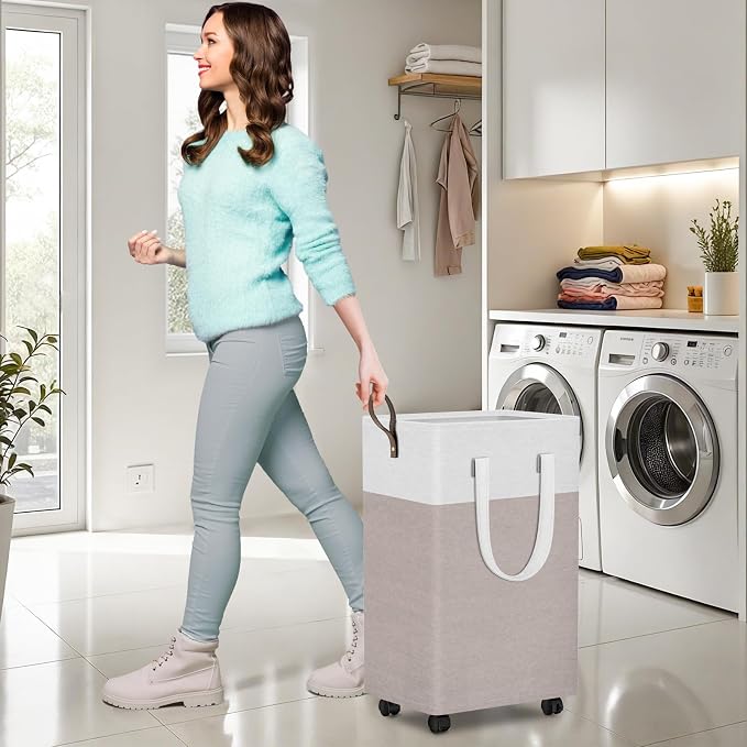 HomeHacks 75L Rolling Laundry Basket with Wheels, Collapsible & Waterproof Laundry Hamper, Mobile Clothes Hamper, Storage Laundry Bins with Handles for Laundry Room, Bedroom, Bathroom & Dor, Khaki - Image 6