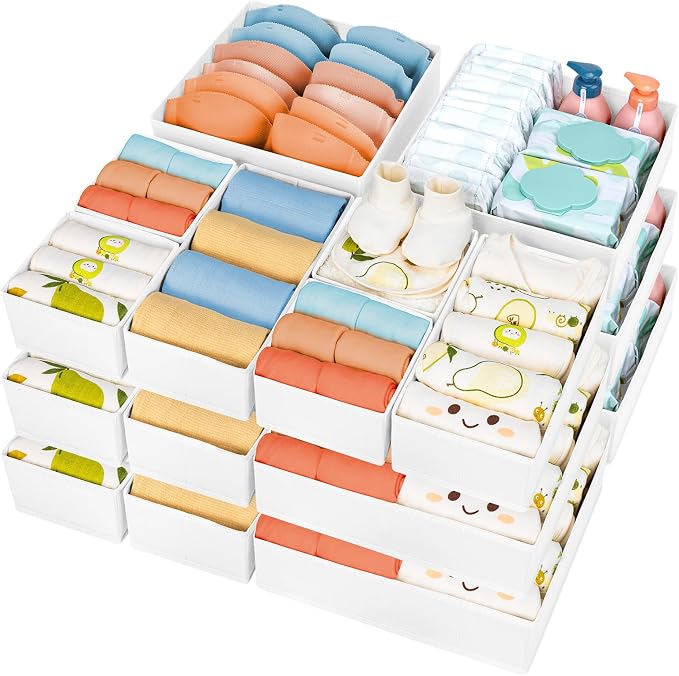 DIMJ Drawer Organizer Clothes 18 Pack - Foldable Baby Organizers and Storage & Dresser Organizer for Bedroom, Closet - Nursery Organization Dresser Dividers for underwear, Sock,Bra, Belt, Tie, White by DiMJ