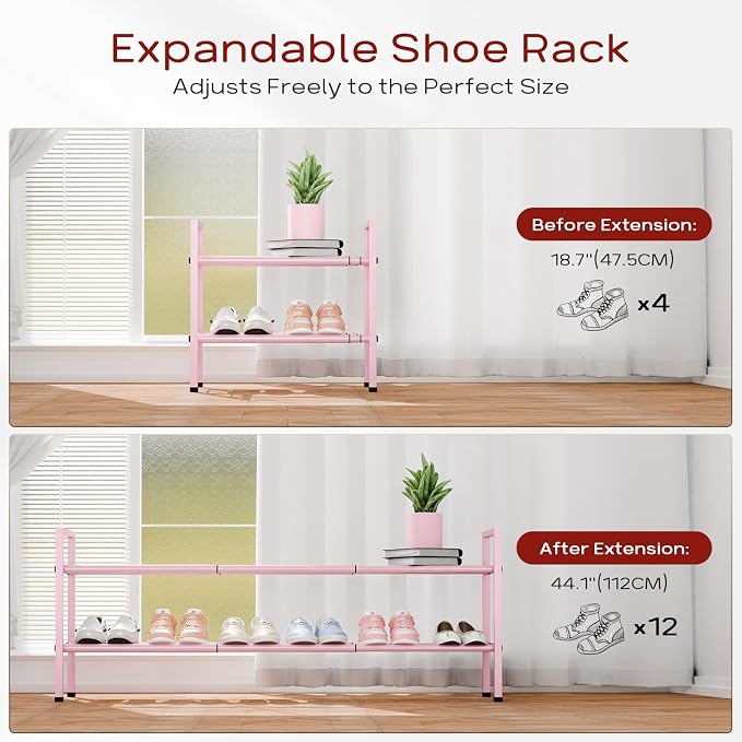 Bumusty 2-Tier Long Expandable Shoe Rack for Closet, 18"-44" Adjustable Shoe Rack for Entryway, 10-12 Pairs Large Shoe Organizer Shelf Storage, Sturdy Metal, Pink - Image 5