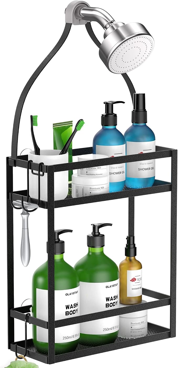 Meangood Shower Caddy, 10.4" x 4.5" x 22.04" Hanging Shower Caddy Organizer Over Shower Head Big Capacity for Shampoo, Conditioner with Hooks for Razor/Sponge, Matte Black by Meangood