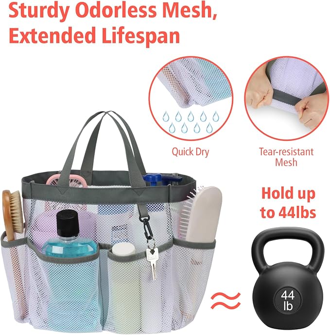 F-color Mesh Shower Caddy Portable, Upgrade Deeper 7 Pockets Shower Bag Basket Tote for College Dorm Room Toiletry Bathroom Essentials Gym Camp Quick Dry 2 handles with S Hook, White - Image 3