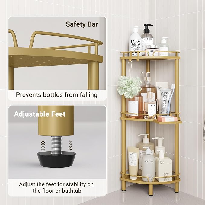 ELYKEN Corner Shower Caddy Standing, 3 Tier Rustproof Metal Shower Organizer with Soap Holder, Floor Shower Corner Shelf Rack Storage Stands with Adjustable Feet & 2 Hooks for Bathroom, Gold - Image 5