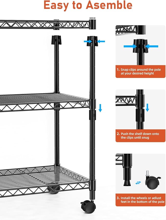 Simple Deluxe Shelving Unit - 3 Tier Shelf for Garage Storage, Black, 24.02" W x 13.78" D x 29.92" H, 750 Lbs Capacity, Adjustable Shelves, Leveling Feet, Caster Wheels for Easy Mobility,Black - Image 6