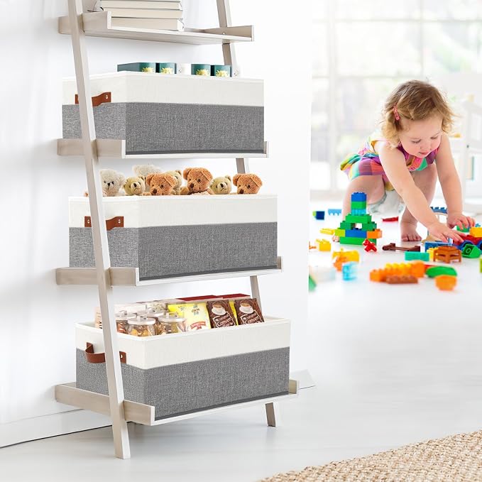 3 Pack Large Capacity Storage Bins Closet Organizer for Shelves, Fabric Closet Storage Baskets Boxes with Leather Handles for Organizing Clothes, Sheets, Jeans, Toys, Books (Grey) - Image 2