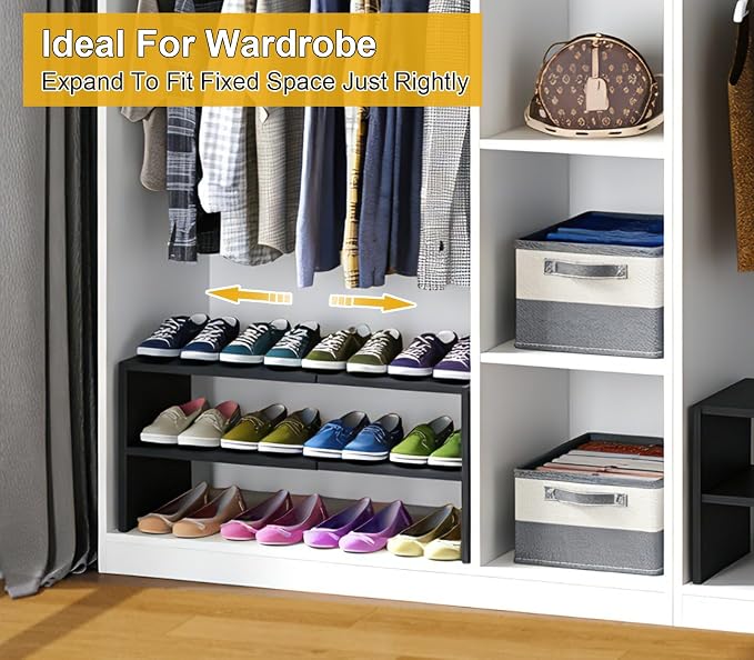 Black Shoe Rack Organizer for Closet, 2-Tier Expandable Shoe Shelf, Stackable Iron Wood Combination Small Shoe Racks Shelves for Closets, Entryway,Small Space,Hallway,Garage,6-12 Pairs - Image 5