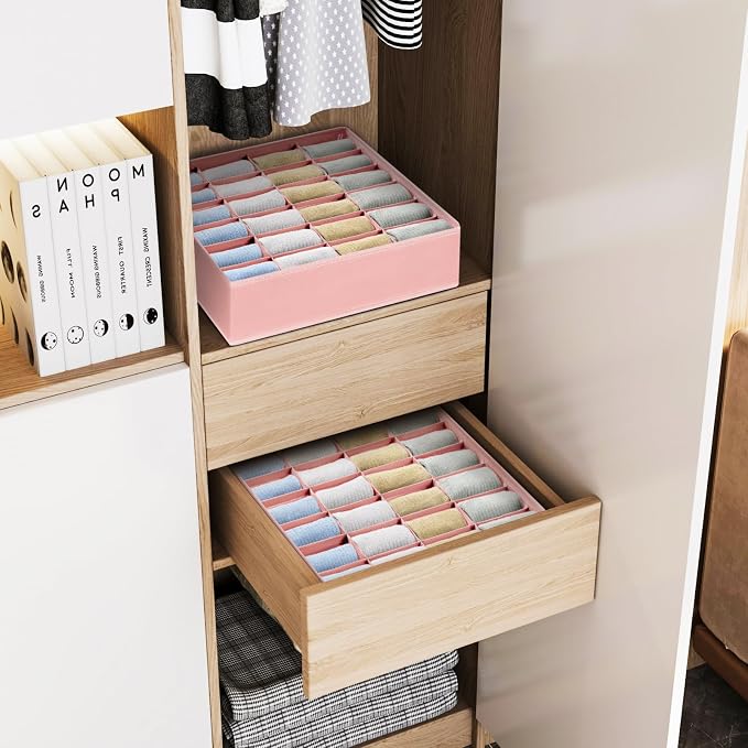 Joyoldelf Sock Organizer Drawer Organizer - 2 Packs Underwear Organizer, 24 Cells Collapsible Closet Organizers and Storage Sock Holders Organizers for Storing Socks, Ties, Belts(Pink) - Image 5