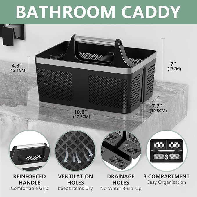 BYUNER 2Pack Shower Caddy Dorm: Portable Bathroom Caddy Organizer with Handle, Plastic Hard Shower Basket Storage Tote for Toiletry, Drainage, College Dorm Room Essentials, Black - Image 3
