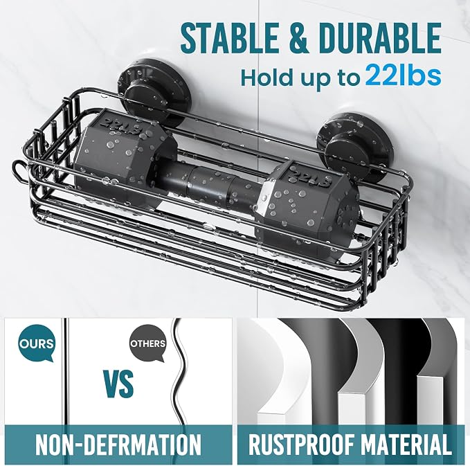 TAILI Shower Caddy Suction Cup, 3 Pack Shelves for Inside with Hooks & Soap holder Toothbrush Cups, Removable Bathroom Organizer, Rustproof Black Holder Storage-Black - Image 5