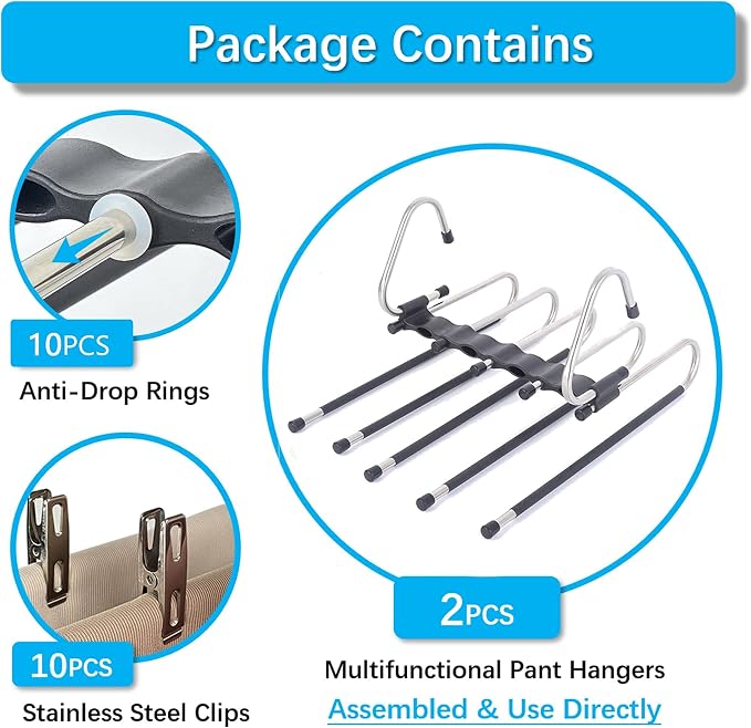 Magic Pants Hangers Space Saving - 2 Pack for Closet Multiple Layers Multifunctional Uses Rack Organizer for Trousers Scarves Slack (2 Pack with 10 Metal Clips) - Image 4