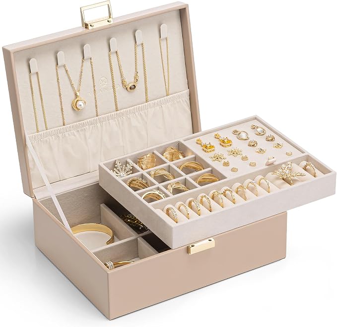 VLANDO Jewelry Box for Women, Gift for Women Girls,2 Layer Jewelry Box,Large Jewelry Organizer for Women Removable Jewelery Tray for Necklace Earrings Rings (Toffee) by VLANDO