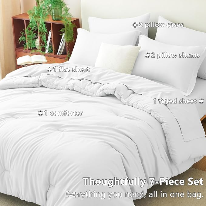 CozyLux Queen Comforter Set White, 7 Pieces Bed in a Bag Queen Comforter Set with Sheets, Luxury Soft Bedding Sets with Down Alternative Comforter, Fitted Sheet, Flat Sheet, Pillowcases & Shams
