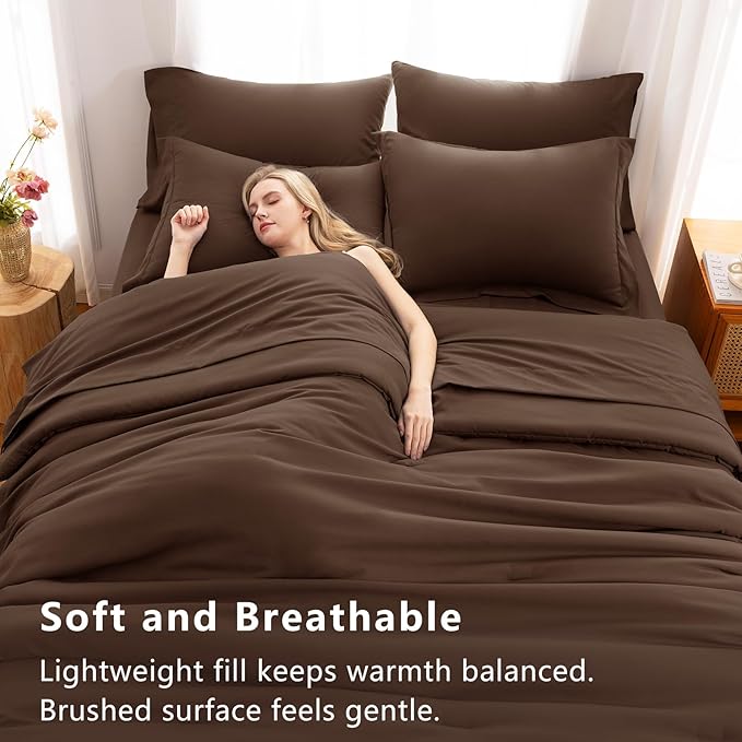 CozyLux Queen Comforter Set Brown, 7 Pieces Bed in a Bag Queen Comforter Set with Sheets, Luxury Soft Bedding Sets with Down Alternative Comforter, Fitted Sheet, Flat Sheet, Pillowcases & Shams