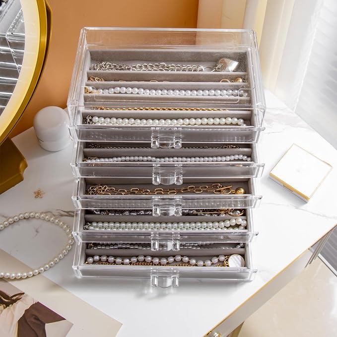 YUFONG Necklace Holder Organizer, Dustproof Necklace Box Velvet Necklace Organizer Box with Lid Clear Acrylic Dustproof Stackable Jewelry Displays for Necklaces Chain Display (Gray, 5 Drawer) - Image 4
