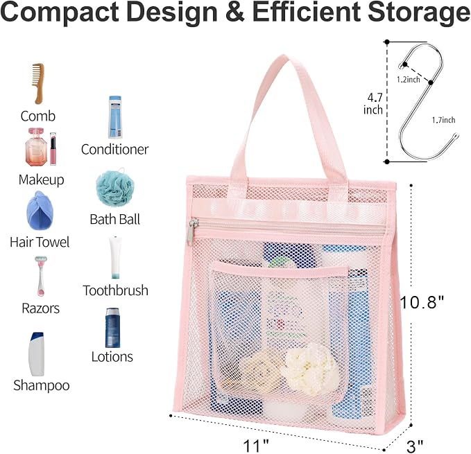 F-color Mesh Shower Caddy Portable Hanging - 3 Pockets Small Shower Bag Tote with Zipper Closure for Camping, Gym Lockers, Travel, Toiletry, Quick Dry Bathroom Essentials with S Hook, Pink - Image 3