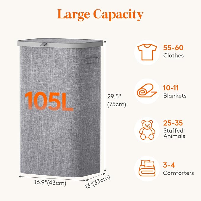 Lifewit 105L Large Laundry Basket with Lid, Laundry Hamper with Plastic Handles and Removable Bag, Foldable Tall Dirty Clothes Hampers for Laundry for Laundry Room, Bedroom, Bathroom, Dorm, Light Gray - Image 3