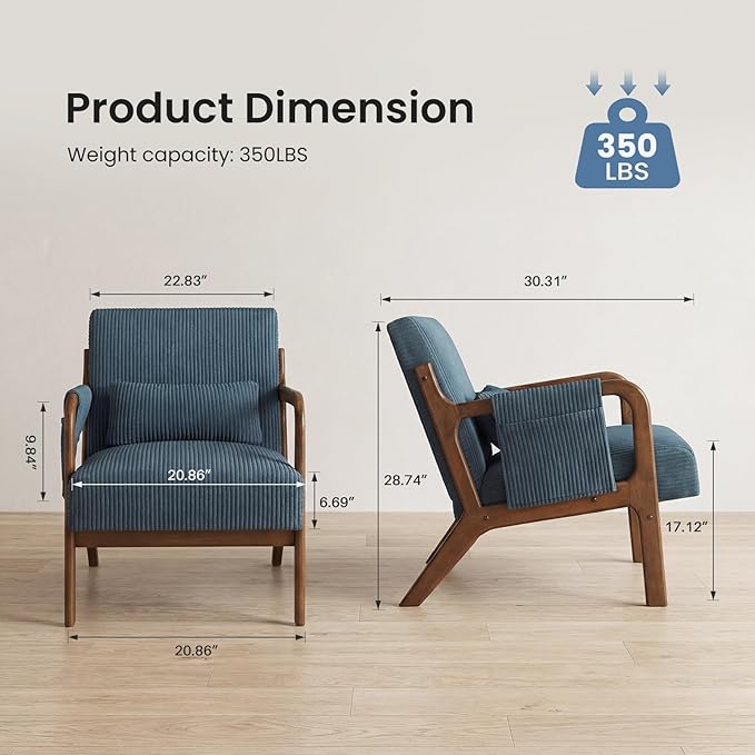 DUMOS Mid Century Modern Accent Chair, Upholstered Armchair with Lumbar Pillow and Solid Wood Frame, Comfy Reading Chair for Small Living Room, Bedroom, Guest Room, Navy Blue