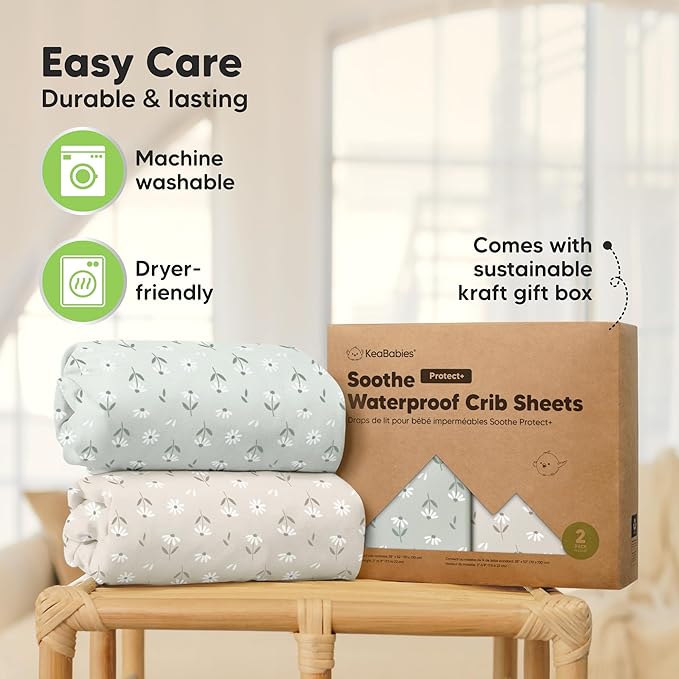 2-Pack Waterproof Crib Sheets for Boys, Girls - 52x28 Fitted Organic Cotton Baby Crib Sheets, Toddler Mattress Protector Cover, Washable, Soft & Durable Baby Bedding Essentials (Daisies)