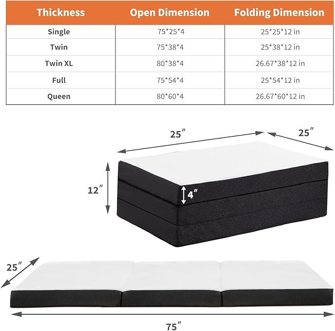 Sweetcrispy Tri-Fold Memory Foam Mattress with Collapsible and Washable Cover, Portable Floor Bed with CertiPUR-US Certified, for Travel & Yoga, Guest Mat
