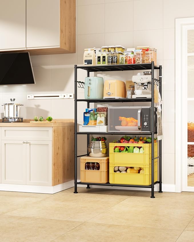 Sakugi Storage Shelves - 4-Tier Spacious Shelf Organizer with Hooks & Leveling Feet, Easy to Assemble, Rust-Resistant Garage Shelving for Kitchen, Pantry, Bedroom, 33.2" x 12.7" x 57.3", Black - Image 9