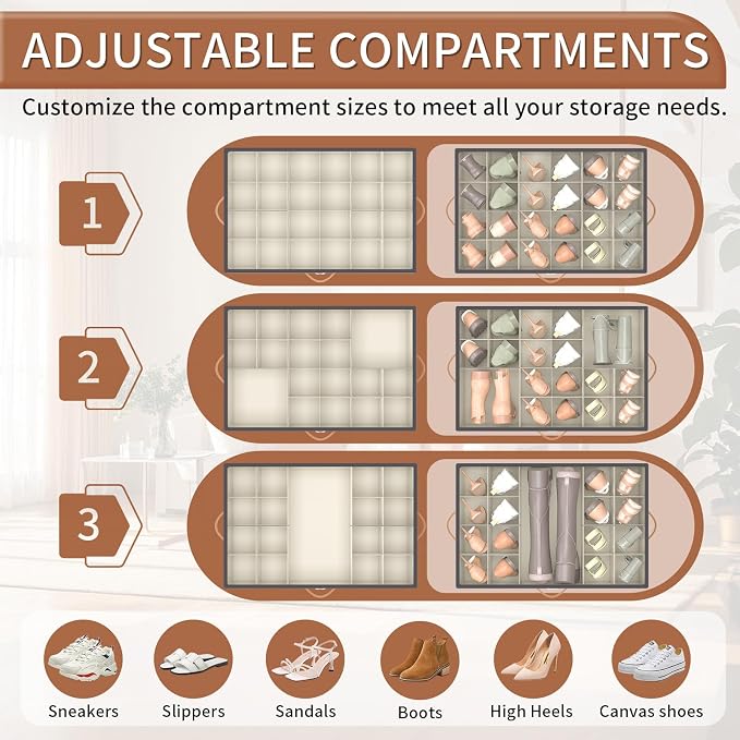 Foyego Shoe Organizer for Closet, Shoe Storage Organizer with Wheels and Adjustable Dividers, Stackable Shoe Storage Box with Clear Cover, Foldable Closet Shoe Organizer Fits up to 24-48 Pairs, Gray - Image 5