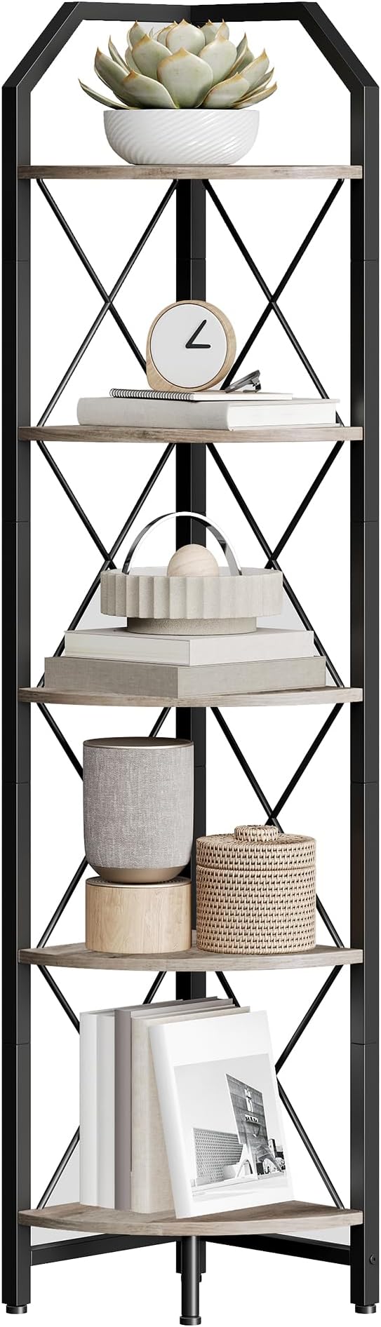 CHOEZON 5-Tier Corner Shelf, Industrial Corner Bookshelf, 59.4" Corner Storage Stand, Plant Stand Display Shelf, Corner Bookcase for Bedroom, Living Room, Home Office, Greige and Black TCJ10BG - Image 8