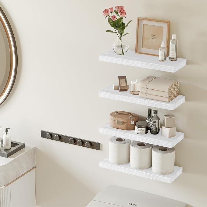 Fixwal White Shelves for Wall, 15.8in Rustic Wood Finish Floating Wall Shelves Set of 4, Shelves for Wall Decor, with Invisible Brackets for Bathroom, Living Room,Bedroom and Kitchen - Image 2